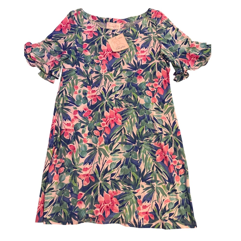 NEW Pappagallo Womens Blue Pink Tropical Floral Erika‎ Dress Short Sleeve, Large